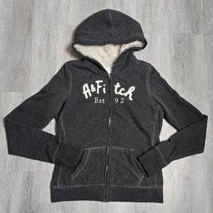 Abercrombie & Fitch Sherpa-Lined Full-Zip Hoodie Dark Gray Womens Y2K